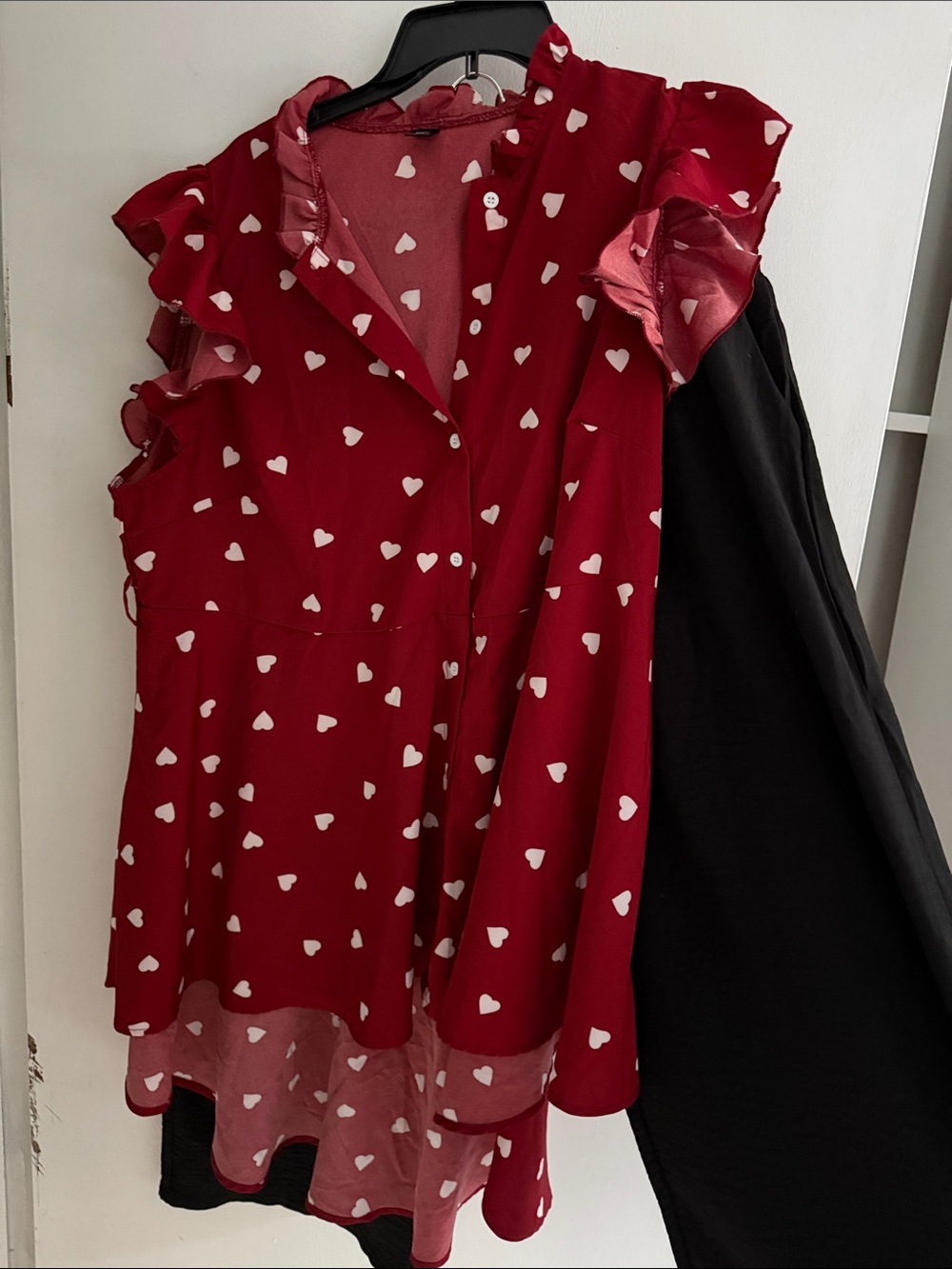 SHEIN Red Heart-Print Ruffle Sleeve Blouse and Black Trousers